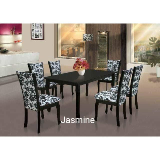 Meja Makan Kayu 6 Kursi Jasmine Mewah Minimalis Hitam Ready Makassar