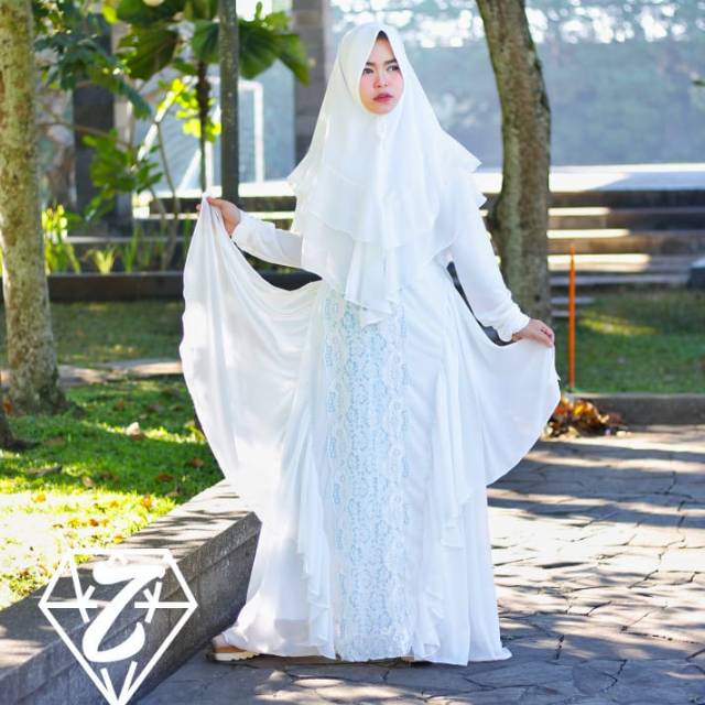 SET GAMIS SYARI BAJU MUSLIMAH HAJI UMROH PUTIH BROKAT CORD CERUTY BABY DOLL  BUSUI JUMBO KHIMAR PET