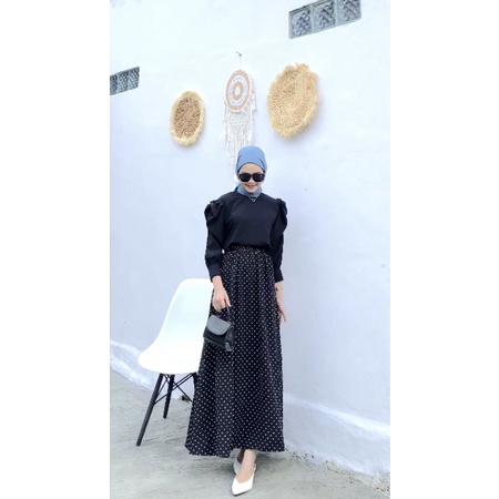 (bisa cod) ROK POLKA | LONG SKIRT MOTIF POLKA  COLOUR BLACK MODEL PAYUNG PINGGANG FULL KARET PREMIUM-5