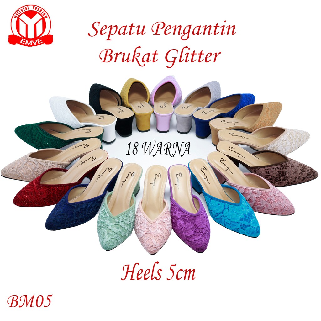 EMYE BM05- Sandal Pesta Pengantin Wanita Brukat Glitter Original 5cm Harga Grosir Elegan Mewah Terbaru Kekinian