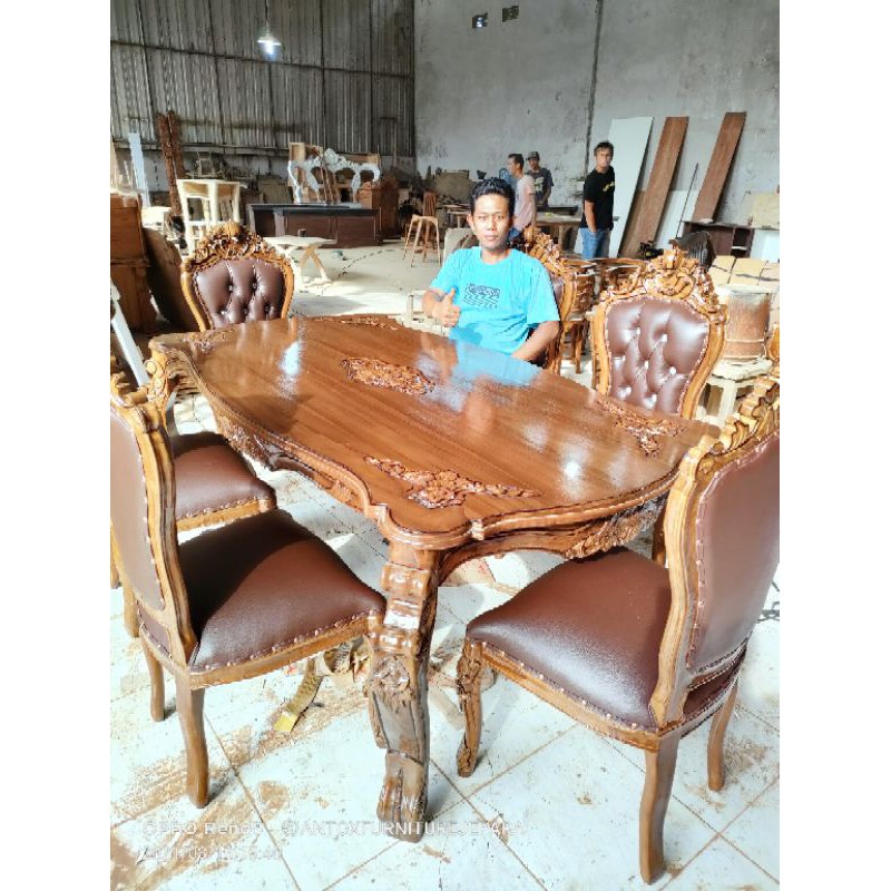 meja makan kayu jati ukiran mebel Jepara