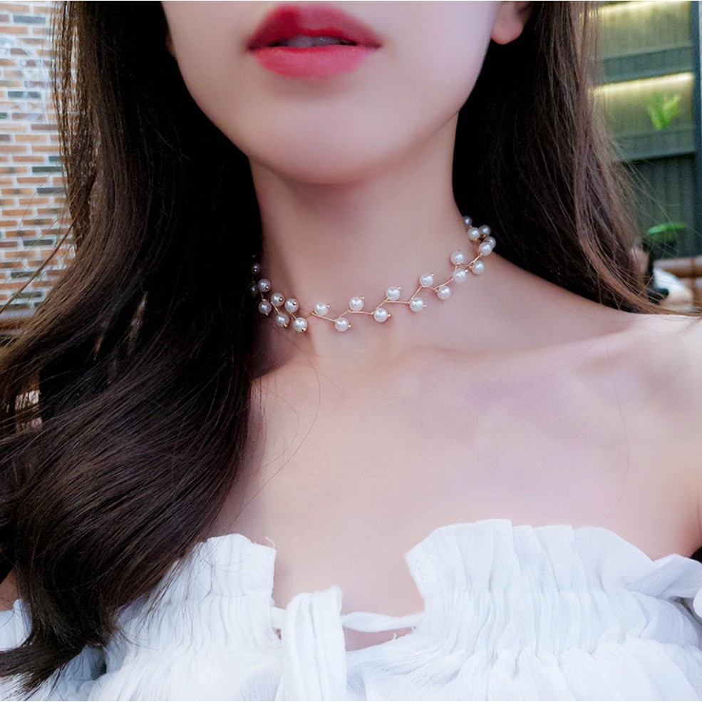 Kalung Rantai Mutiara PEARL CHOKER Wanita Gaya Korea Fashion Elegan Import ZigZag Zig Zag Mutiara Klavikula