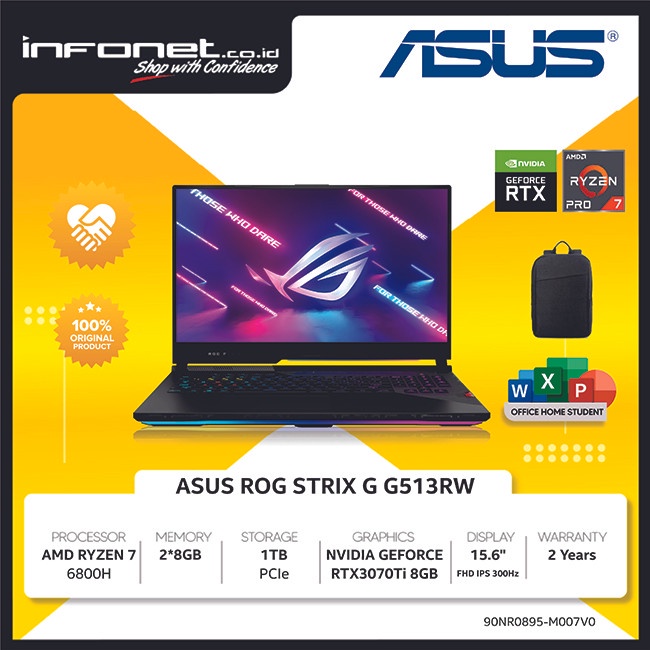 ASUS ROG STRIX G RTX3070Ti 8GB RYZEN 7 6800H 16GB 1TB PCIe 15.6" FHD IPS W11 OHS21