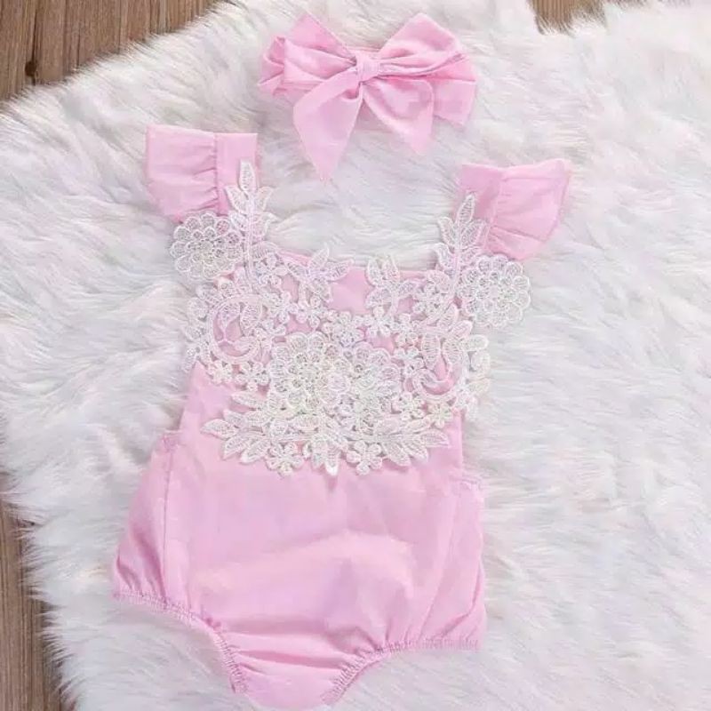 Romper bayi motif renda pink jumper import