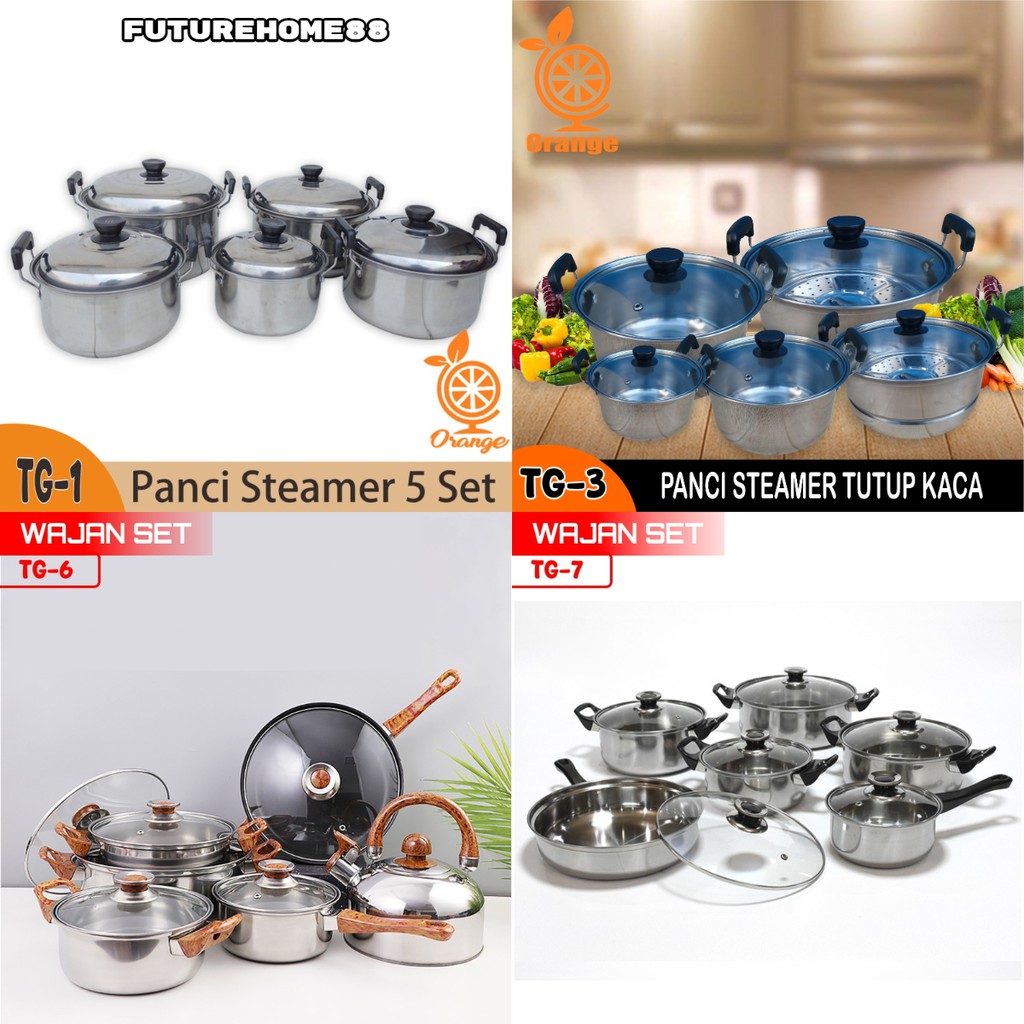 Panci Steamer Stainless Tutup Kaca Set 5 In 1 Panci Mengukus Merebus Multifungsi