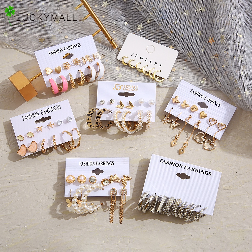 10pcs / Set Anting Tusuk Bahan Metal Warna Gold Desain Awan + Mutiara + Berlian Untuk Wanita