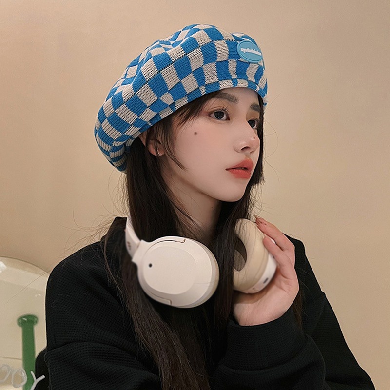 Topi Baret Rajut Motif Kotak-Kotak Gaya Korea Untuk Wanita