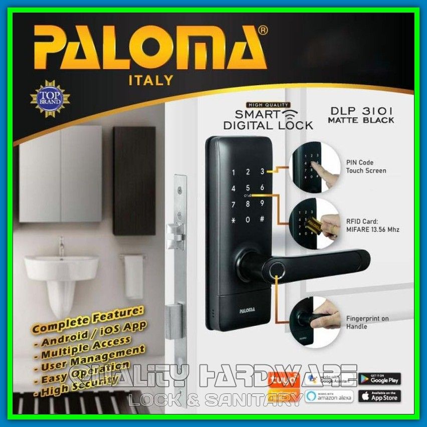 Kunci Pintu Digital Paloma QHDLP 3101 Smart Digital Wifi FingerPrint Hitam Handle Password Kunci