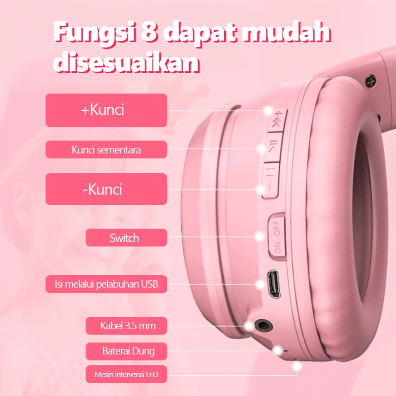 Onikuma B90 9D Suara RGB Pink Kucing Telinga Bass Kuat Bluetooth 5.0 Pengurangan Kebisingan Headphone Nirkabel Profesional Gaming Headset dengan Mikrofon Peredam Kebisingan