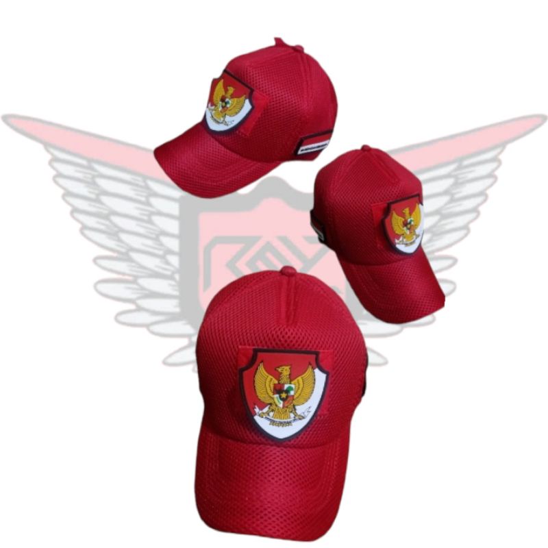 topi jaring Velcro double mess merahh+karet velcro logo Indonesia tulisan+logo Indonesia tameng
