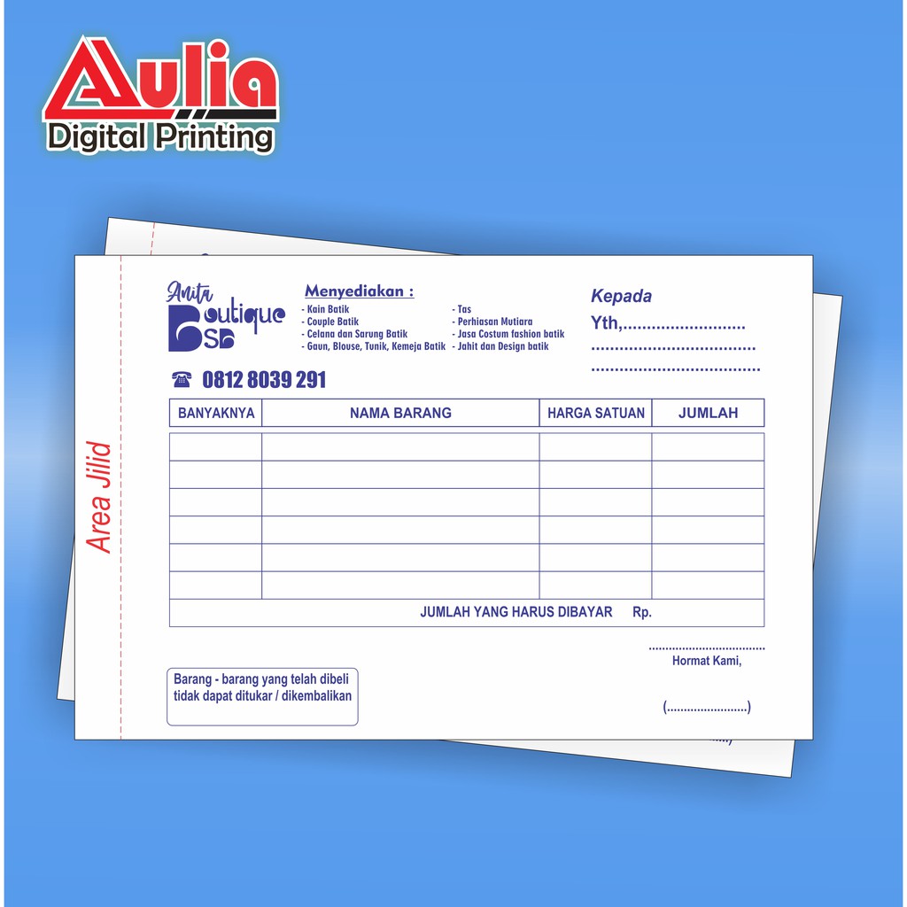 

Cetak Nota 1/4 Folio 2 Rangkap Satu Warna Custom