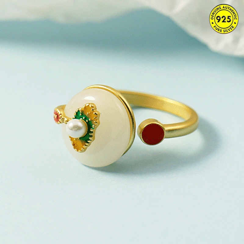 Pearl Lotus Leaf Ancient Style Inlaid Hetian Jade Peace Buckle Chinese Style Painted Ring