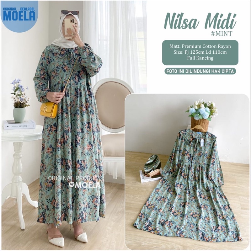 Midi Dress Motif Bunga-Bunga Bahan Rayon Full Kancing Nilsa Midi Original by Moela
