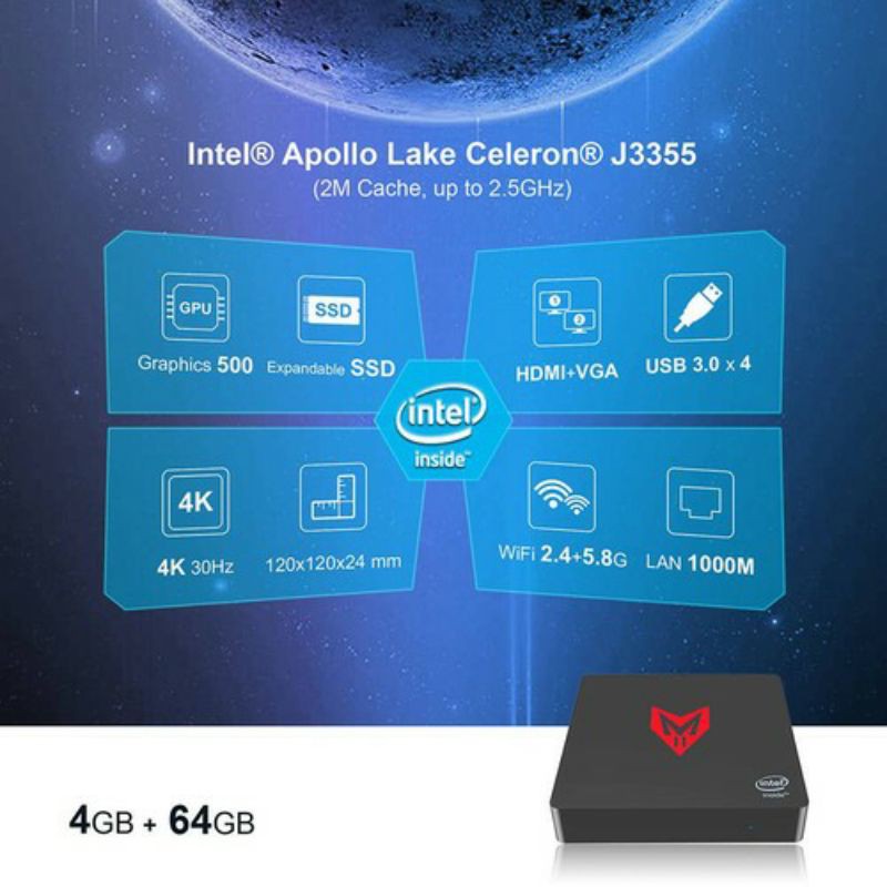 Mini PC Beelink MII-V Intel Apollo Lake 4GB RAM 64GB Dual HDMI 4xUSB 3.0 Windows 10 4K Wifi