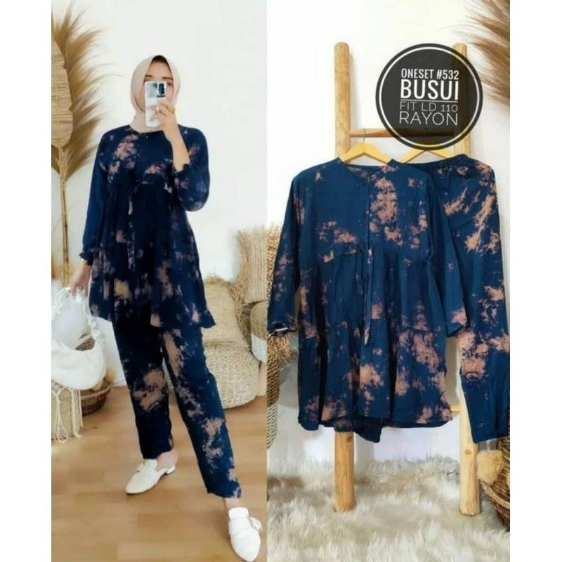 One Set Tie Dye Gelap Tali Serut Lengan Karet-1