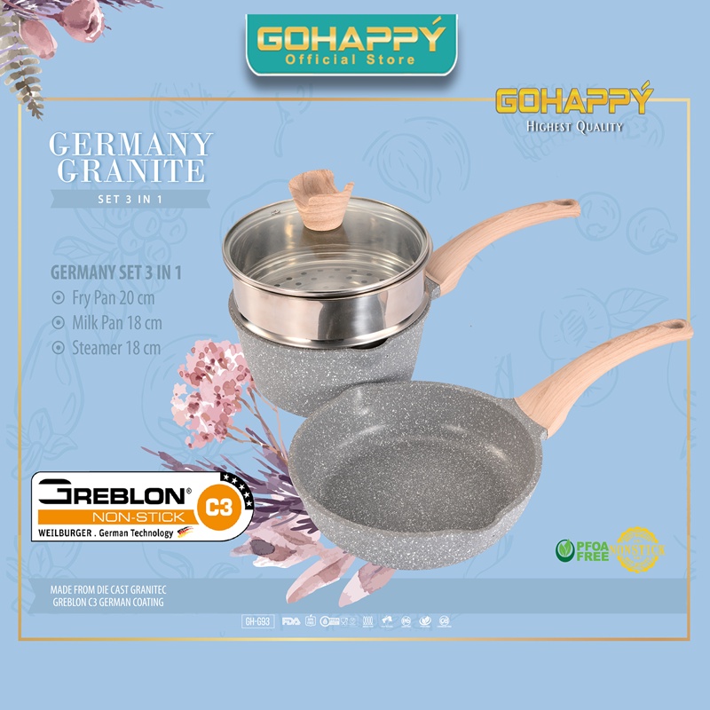 PANCI GREBLON Set 3 IN 1 milk fry pan steamer Gohappy GERMANY GRANITE AMAN bayi anak WOK CASSEROLE