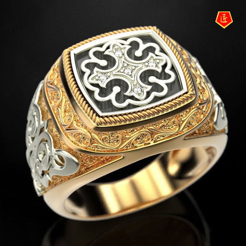 [Ready Stock]Men's 18K Gold Two-Tone Ring Vintage Cartoon Pattern