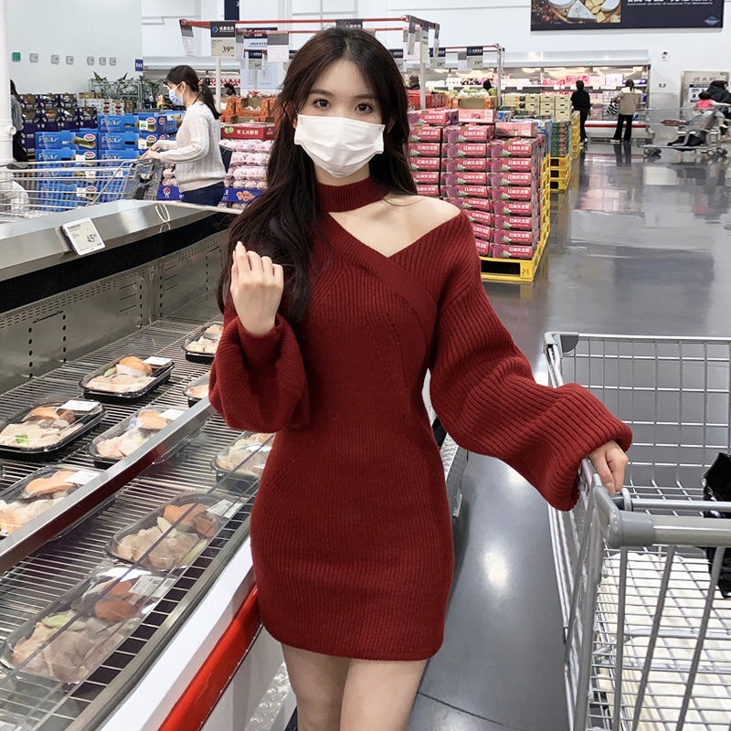 dress korean style red new battle dress spring dress off shoulder halter neck package hip skirt knit