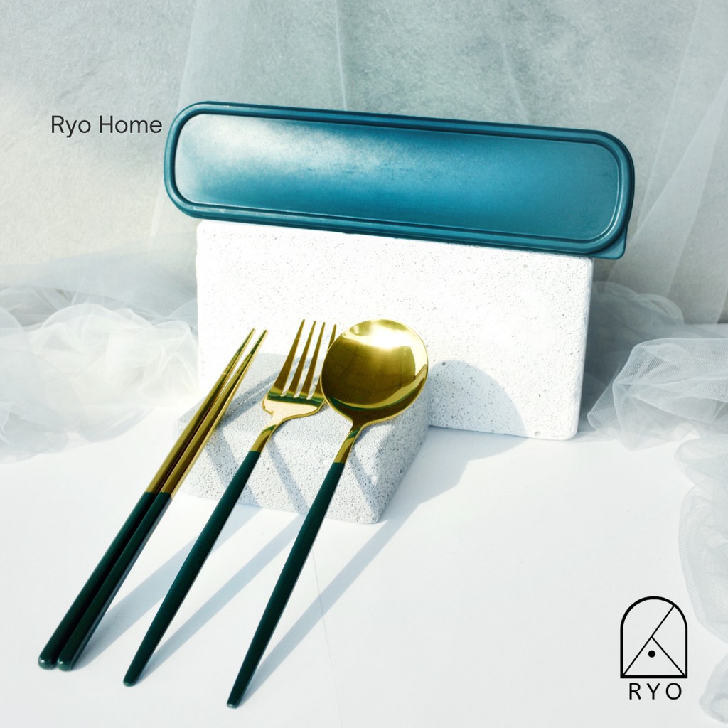 [ RYO ] DIN TRAVEL SET Alat Makan Korea / Sendok Garpu Sumpit dengan Wadah / Spoon Fork Chopsticks /  Peralatan Dapur / Kitchenware-4