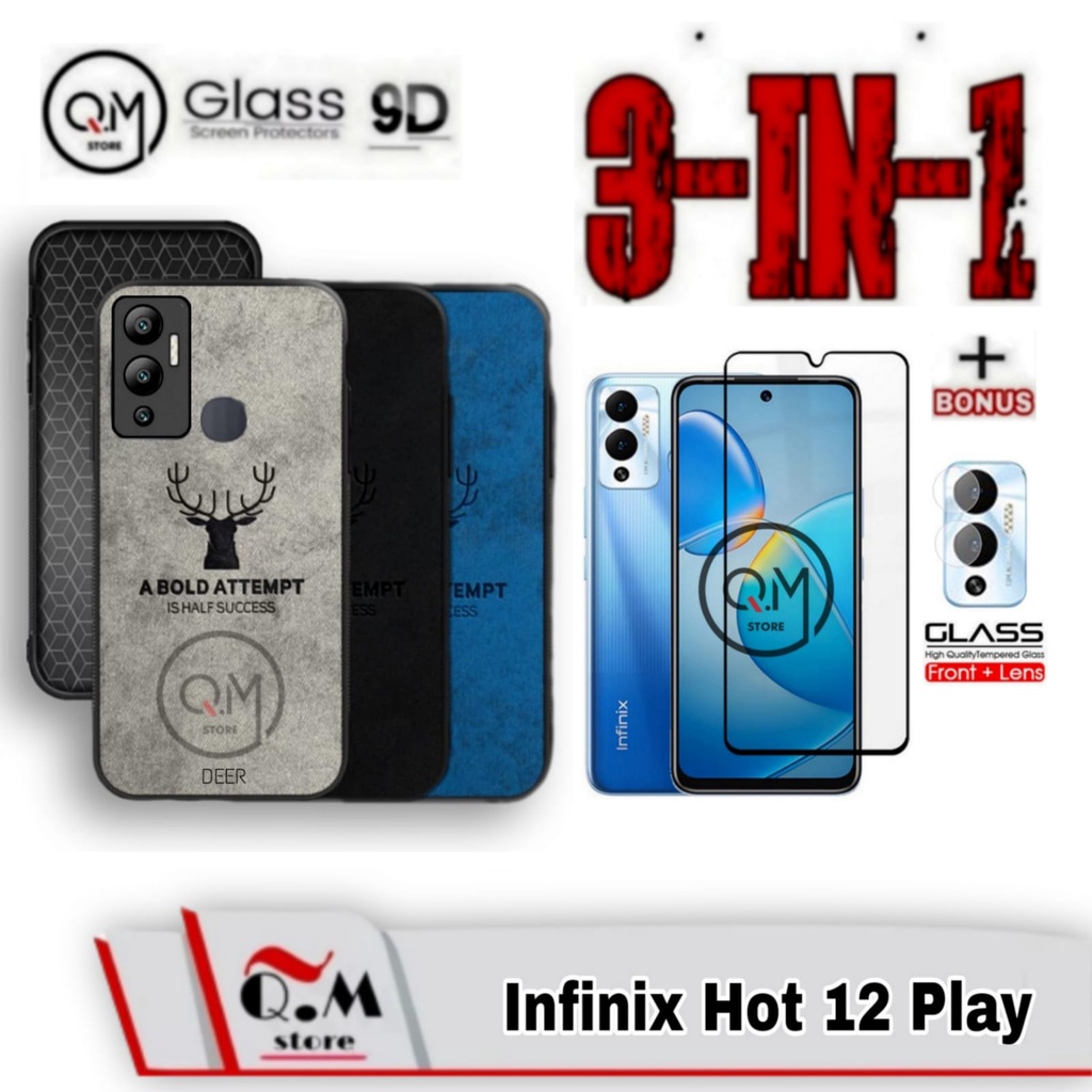 Paket 3 in1 Case Deer Infinix Hot 12 / Infinix Hot 12 Play / Hot 12i Softcase deer High Quality Bermotif Deer Jens Pelindung Back Cover