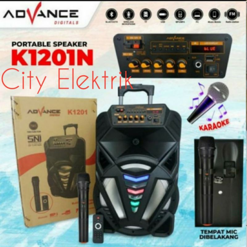 Speaker Portable Advan 12 inch K1201 Karaoke/Bluetooth/USB/Radia FM/ Free Mic Wirelles / Meeting