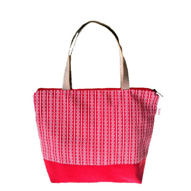 RF Tote Bag Merah Salur Kanvas  Tas Tenteng Wanita Murah Sidoarjo