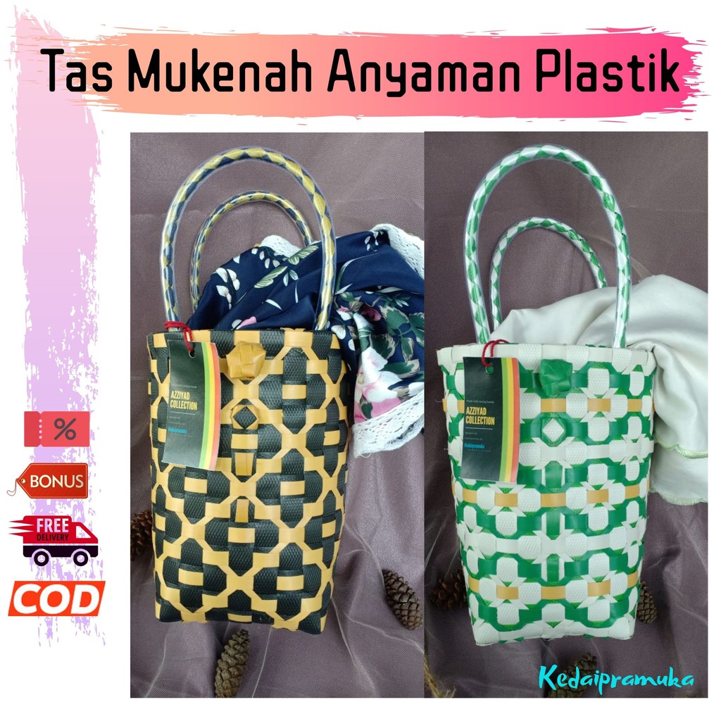 Tas Mukenah Tote Bag Anyaman Plastik Mini Monochrome / Kantong Mukena Pouch Kosmetik Make Up Pounch