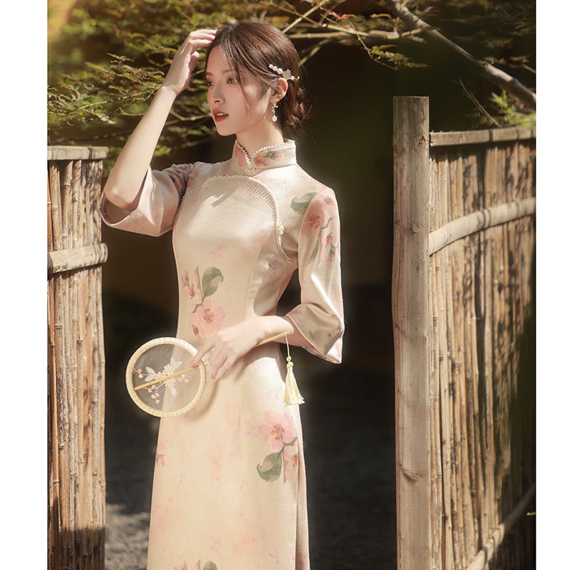 Improved cheongsam 2021 new inverted large sleeve suede young women's autumn style high-end temperam