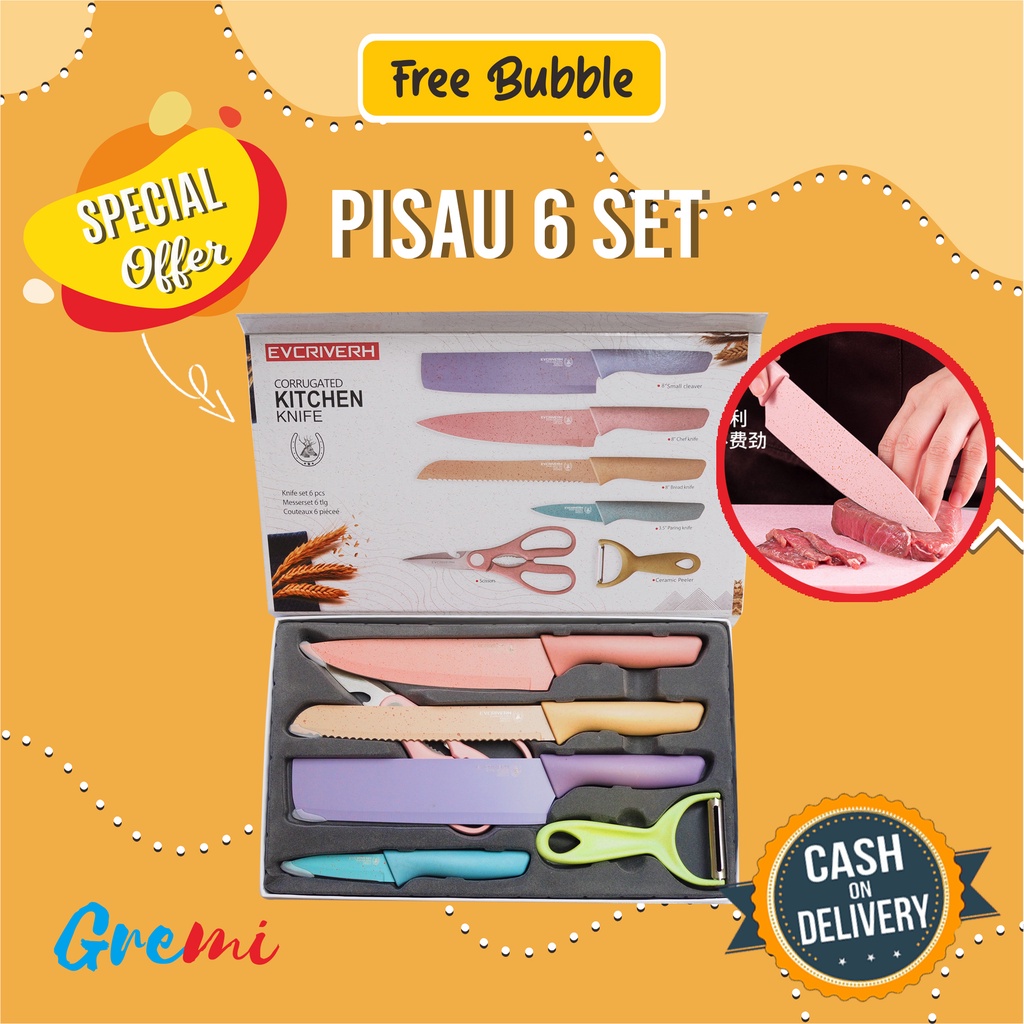 ❤ Pisau Set EVCRIERH Stainless dilapis anti lengket 1 Set isi 6 termurah / VS-1 803 slot