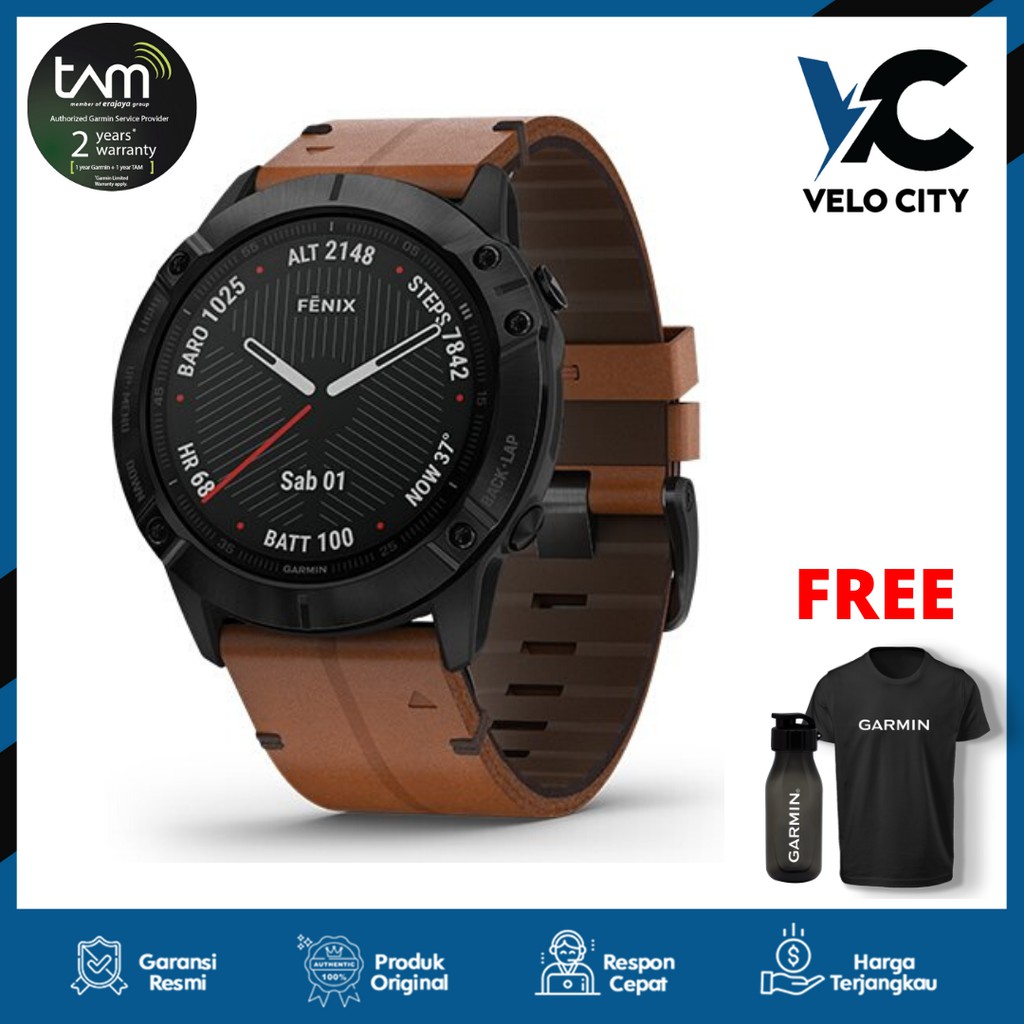 Garmin Fenix 6X Black DLC with Brown Leather Band - Tam 2 Tahun