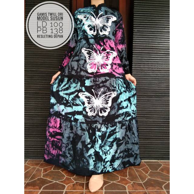 GAMIS TWIL ORI MODEL SUSUN MOTIF CAP KUPU-KUPU WARNA ARMY