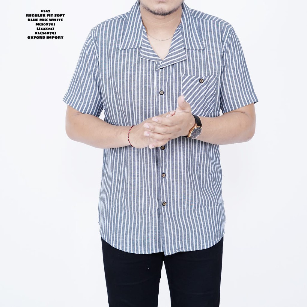 Kemeja Salur Pria Lengan Pendek Exclusive Kemeja Salur Cowok Casual Kemeja Distro Soft Biru 6545