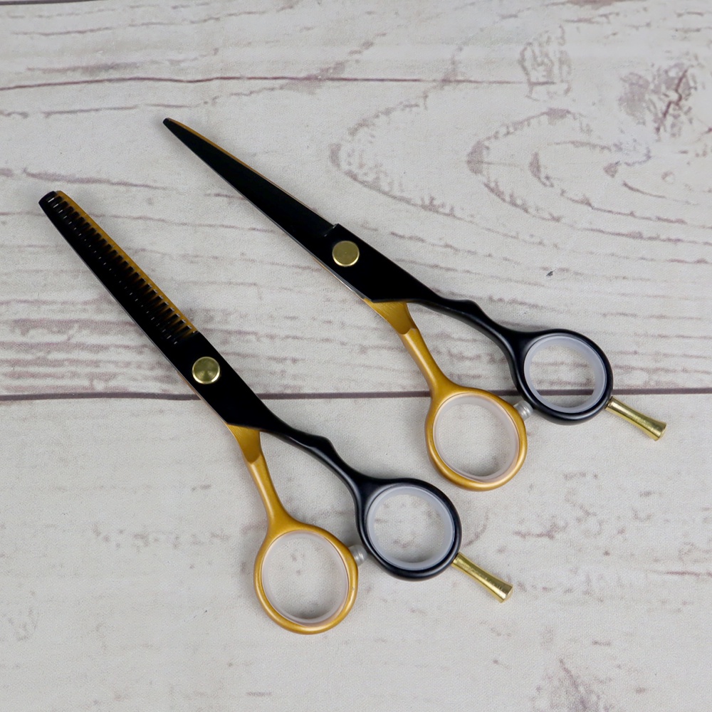 GS8u Mrtiger Gunting Rambut Professional Barber Hairdressing Scissors 5.5 Inch 2 Pcs - 440c - Black Gold Or-i
