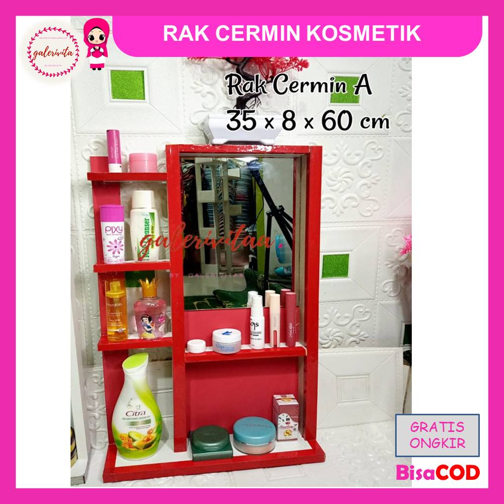 Rak Kosmetik Kaca / Rak Cermin Kosmetik / Rak Kosmetik Gantung Minimalis
