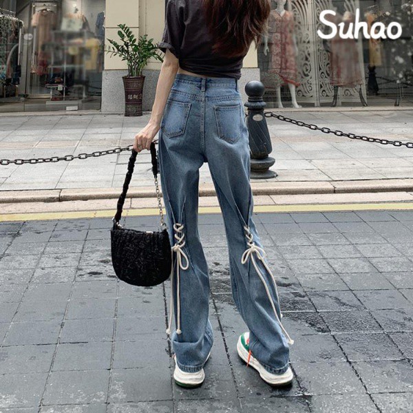 Suhao Perasaan Pinggang Tinggi dengan Tali Lurus Longgar Jeans Wanita Baru Terbungkus Celana【8Dikiri