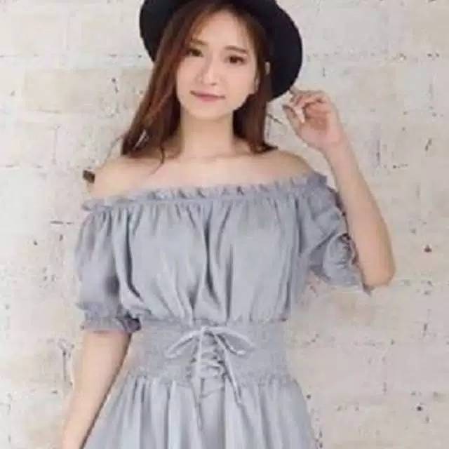 Blouse sabrina lengan pendek tali pinggang