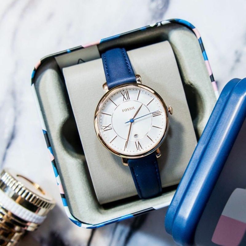 Jam tangan wanita fossil es3843 jacqueline navy leather strap watch original - es 3843 ori