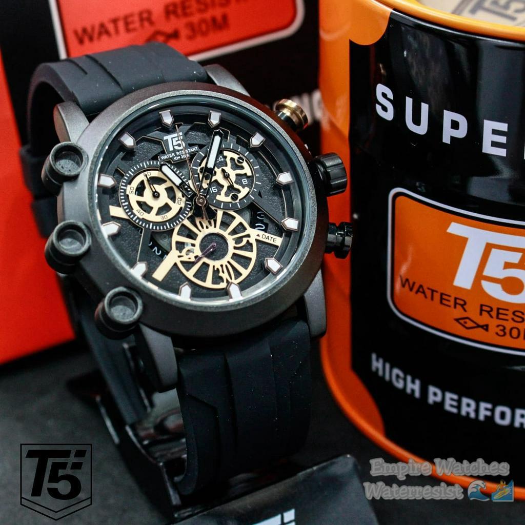 Jam Tangan T5 H3759G 3759 Pria Cowok Analog Chrono dan Tanggal Aktif Strap Rubber Original Waterproof