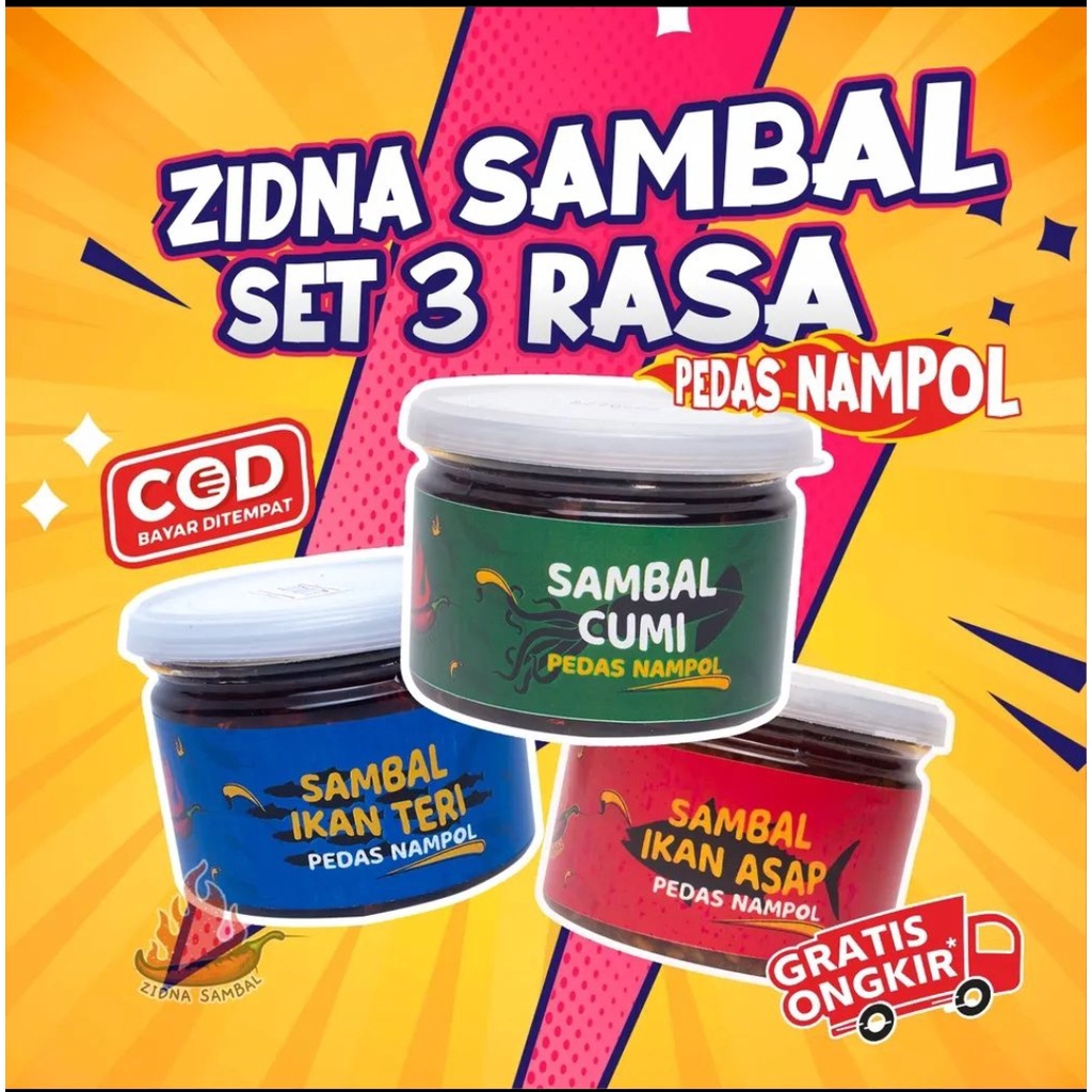 

paket bundling 3 rasa sambal cumi / teri / ikan asap / paket sambal 3 pcs / zidna sambal / sambel seafood/ sambal variasi ter pedas