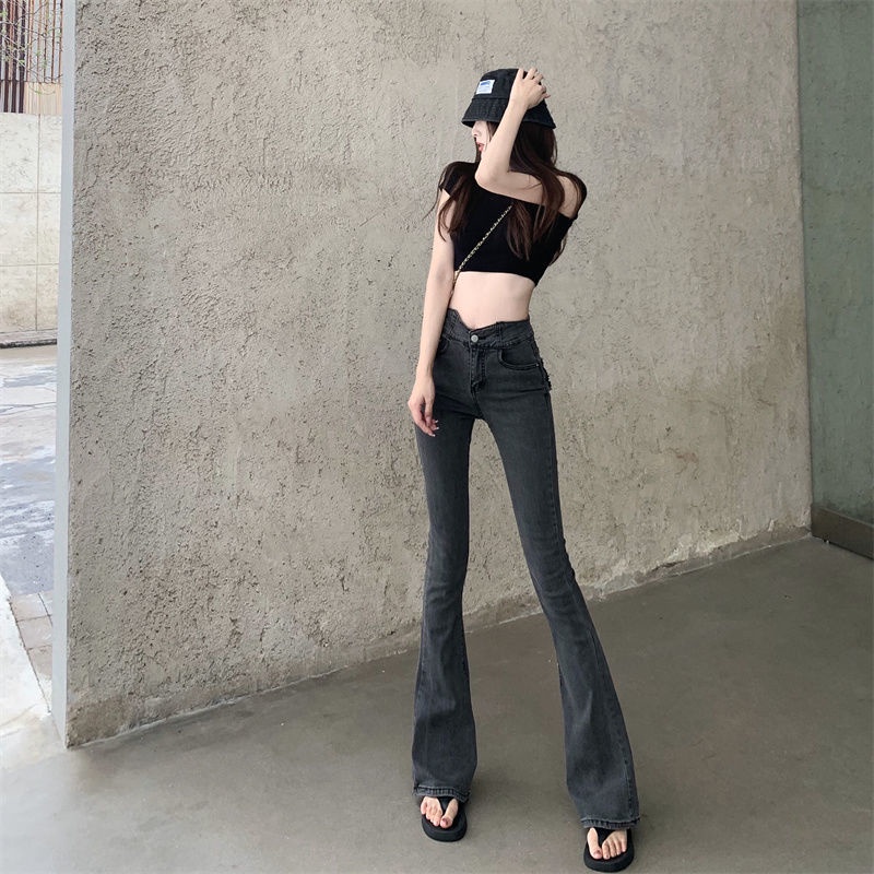 Red Celana Jeans Tipis Pinggang Tinggi Hitam Wanita Musim Panas Kaki Kecil Terkulai Slim Fit Desain Ceruk Celana Micro-flare Celana