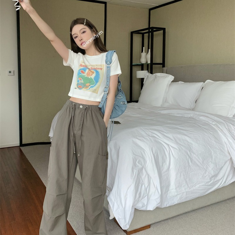 Suhao Sansanjia ---- T-shirt Hot Girl Printed + celana kasual lebar kaki longgar bergaya Amerika