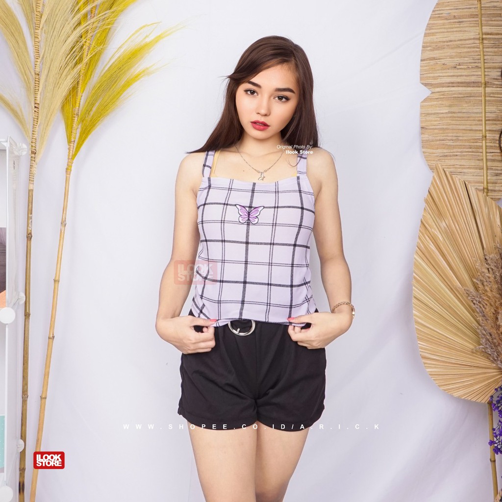 ilook | Mariposa Tanktop | Tanktop Marimar | Motif Kotak Bahan Creap | variasi bordir-MPOSA LINE - UNGU