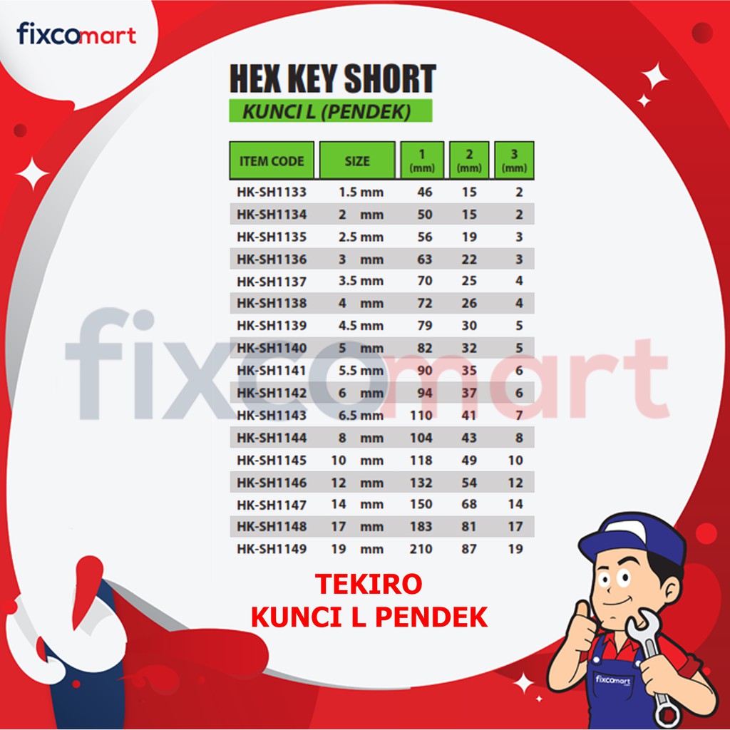 Tekiro Hex Key Short / Kunci L Pendek MM - 10 - 19 - Satuan