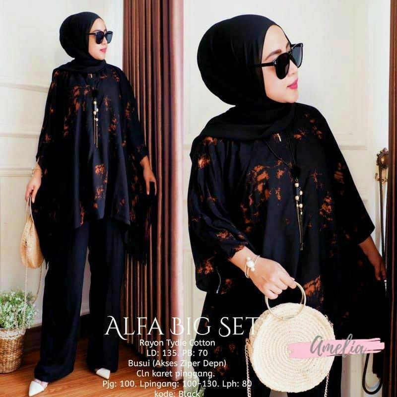 Alfa Big Set - One Set Jumbo Rayon Tie Dye Premium Waka Waka Setelan Wanita Celana Panjang Set Bigsize LD 135 cm