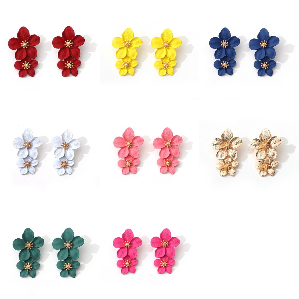 Anting Tusuk Gantung Desain Bunga Ganda Ada 8 Warna Gaya Simple Kreatif Untuk Wanita