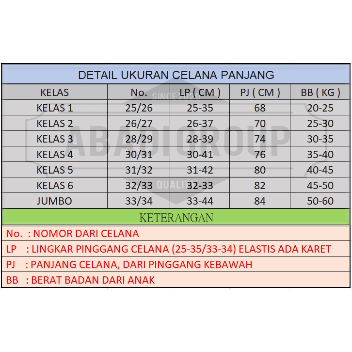 celana merah sd panjang kelas 1-6