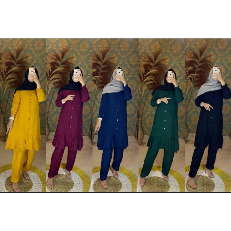 one set/ setelan tunik wanita warna polos