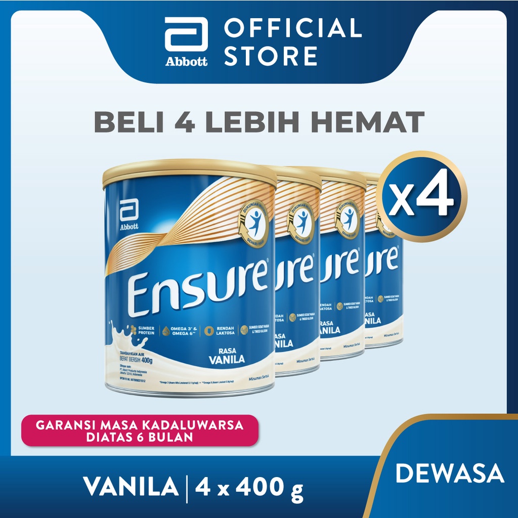 

Ensure Susu Nutrisi Dewasa Rendah Laktosa Rasa Vanila 4 x 400 gr