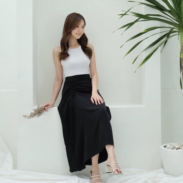 rok skirt korea/rok hitam panjang/rok wanita kekinian/Midi Maxi Skirt/Rok Serut Casual