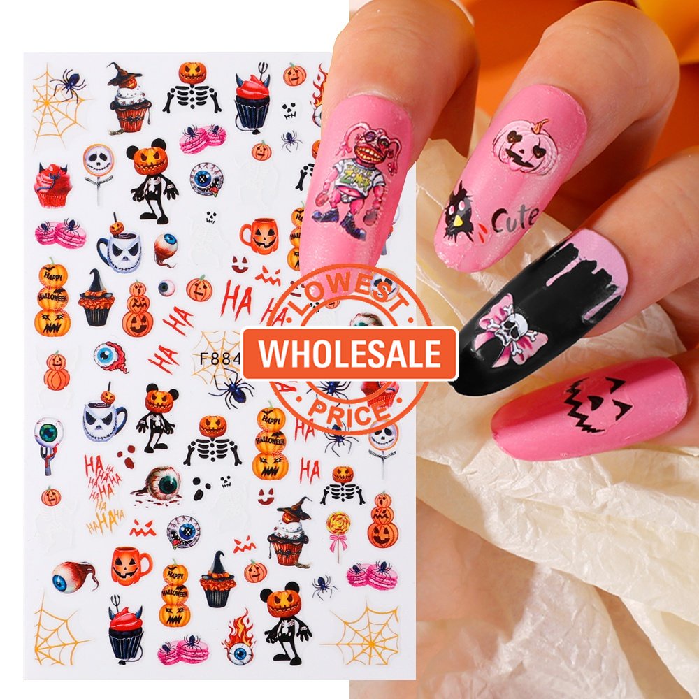 Stiker Kuku Motif Tengkorak / Labu Halloween 3D Untuk Dekorasi Nail Art